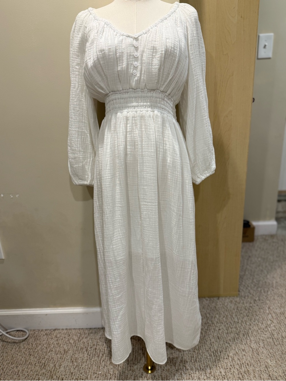 J. Crew White Textured Smocked-Waist Prairie Maxi Dress